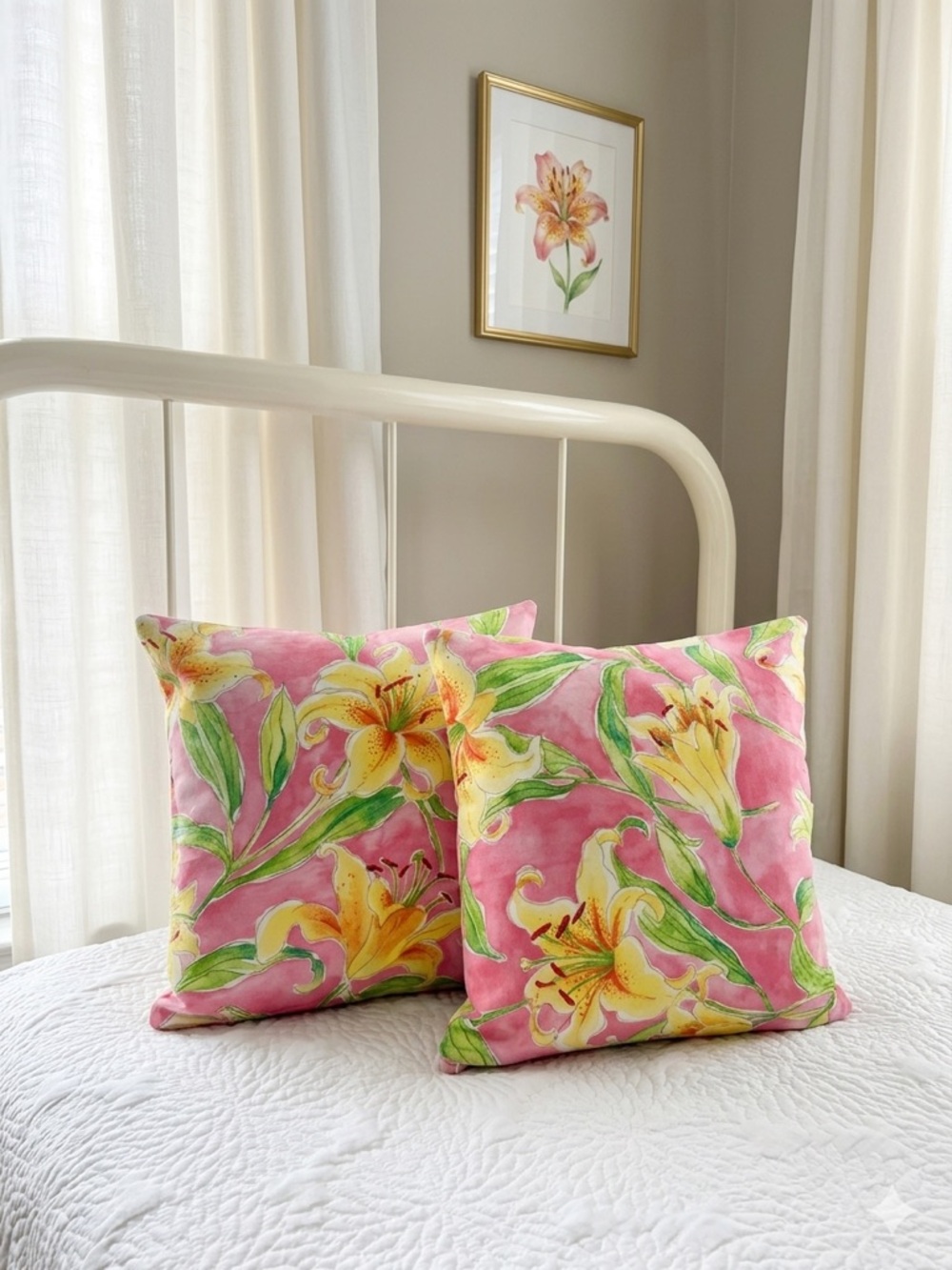 12”x12” pink & yellow lily zippered pillow cover square throw cushion cover set